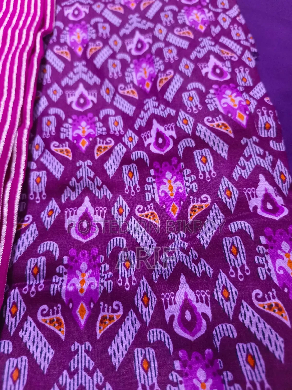 বাবুইপাখি কাস্টমাইজড থ্রি পিস - পার্পেল ইক্কাত প্রিন্ট।