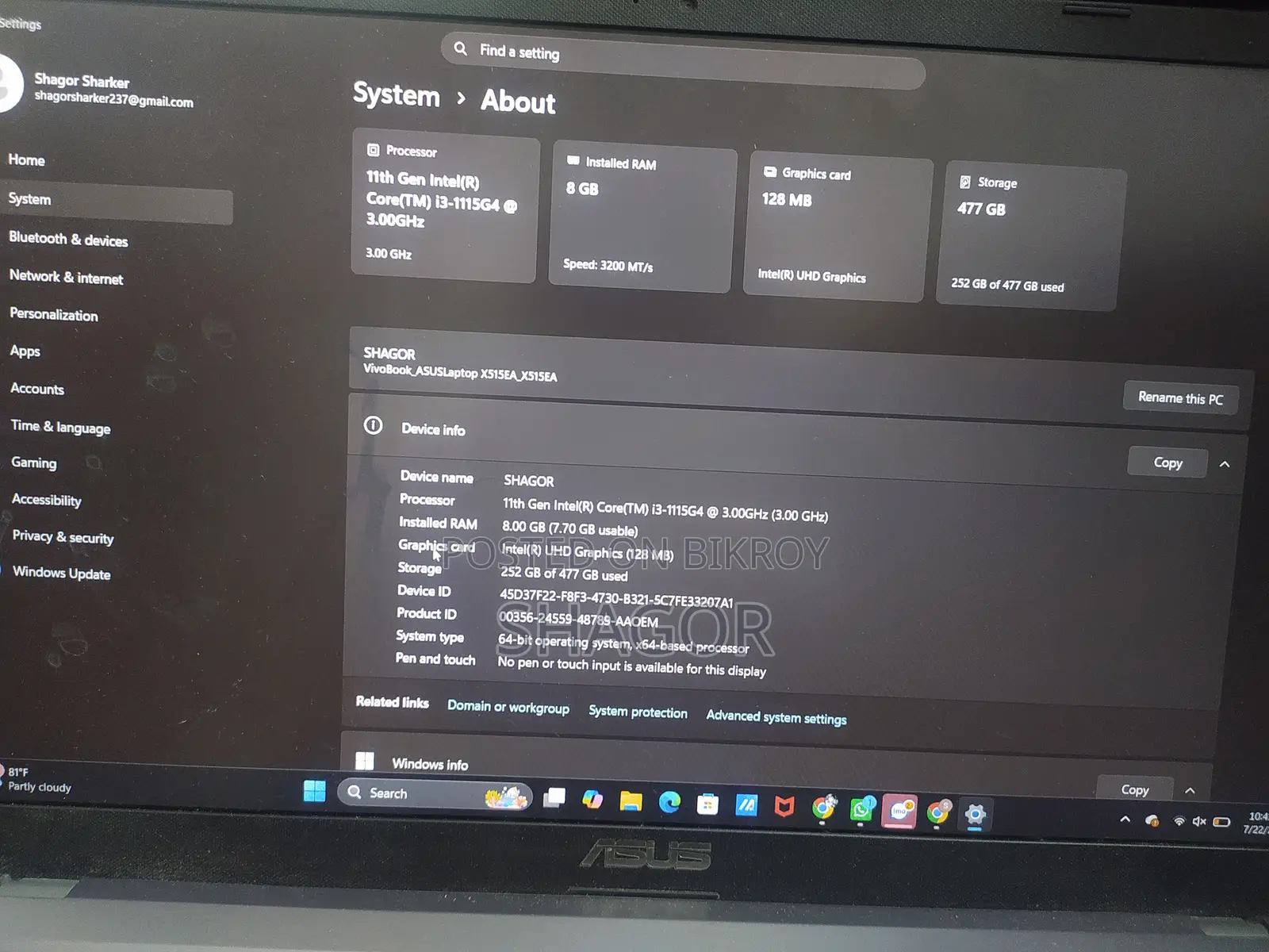 Laptop ASUS Vivobook 15 8GB Intel Core I3 SSD 512GB