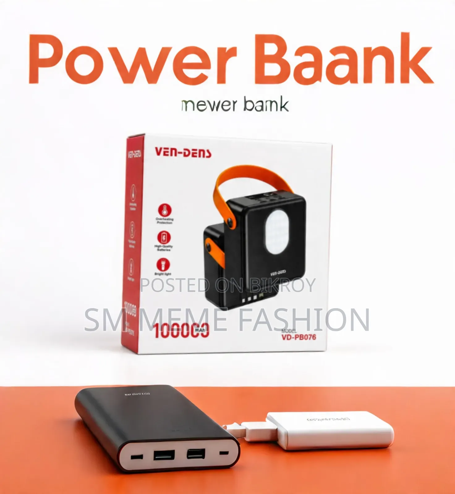 VEN-DENS VD-PB076 10,0000mAh High-Capacity Power Bank With Built-In Light