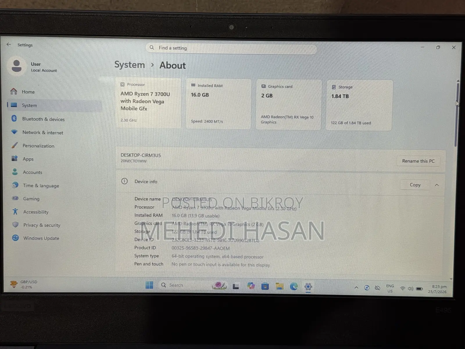 Laptop Lenovo ThinkPad E495 16GB AMD Ryzen 7 HDD+SSD 2T