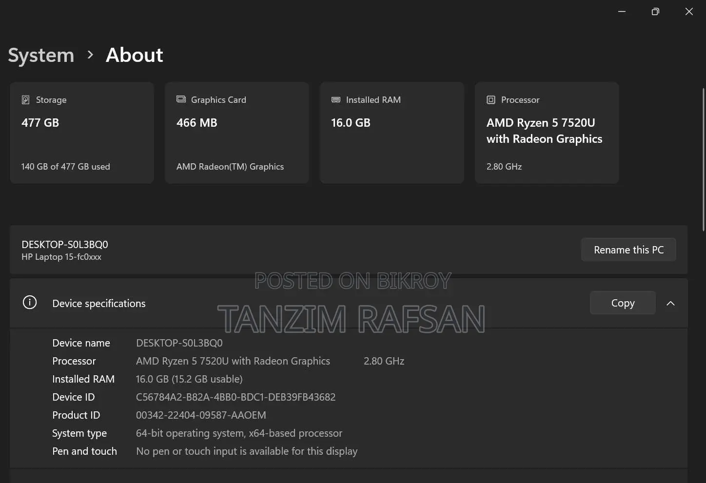 ল্যাপটপ HP ১৫ ১৬জিবি AMD Ryzen 5 SSD ৫১২জিবি