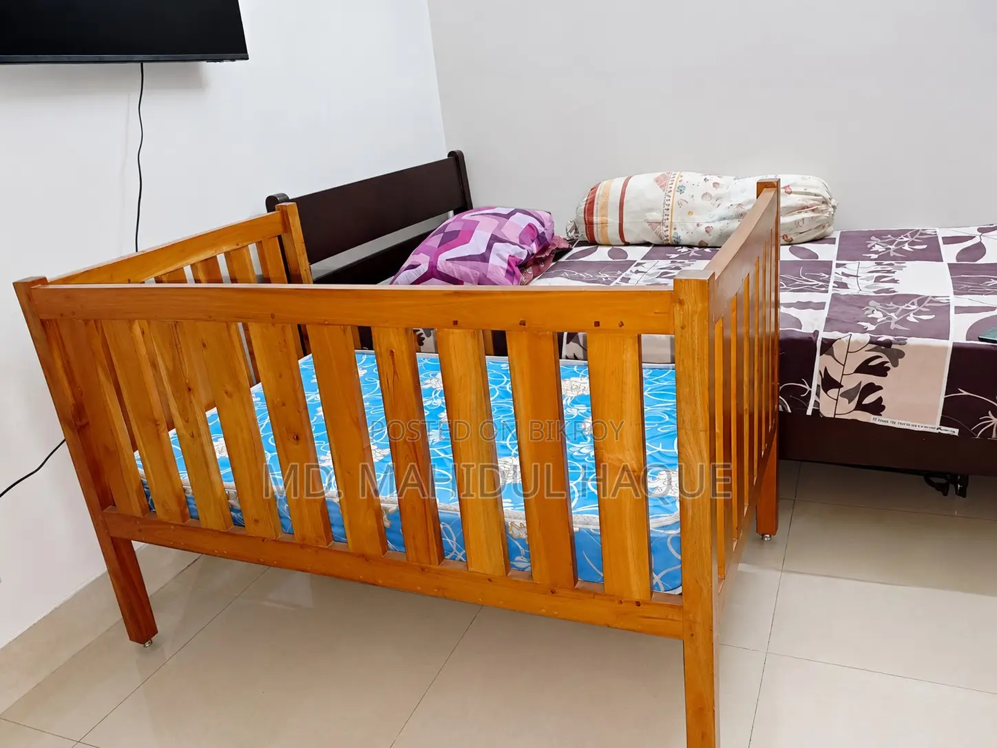 Custom-Made Mahogany Baby Cot With Mattress 4x2.5 Ft