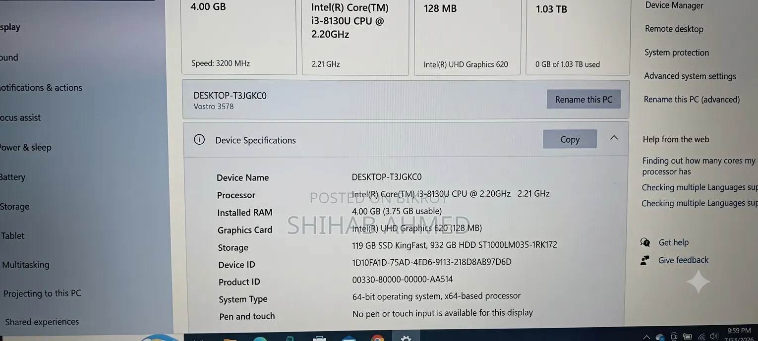 Laptop Dell 4GB RAM Intel Core I3 Hard Disk Drive 128GB