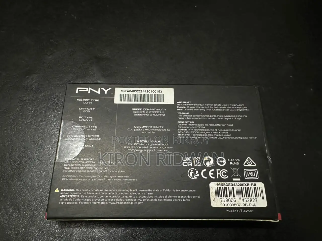 PNY XLR8 গেমিং ৮জিবি ডিডিআর৪ ৩২০০০ মেগাহার্টজ ল্যাপটপ র‍্যাম