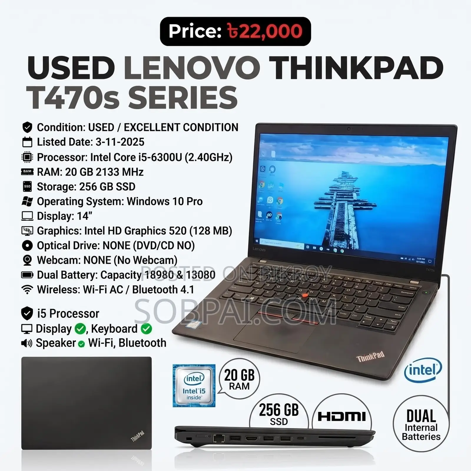 Laptop Lenovo ThinkPad L470 20GB Intel Core i5 SSD 256GB