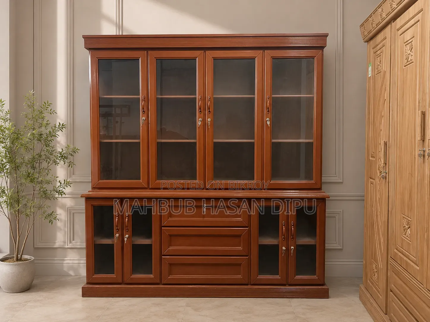 Luxury Mahogany Wood Glass Door Cabinet