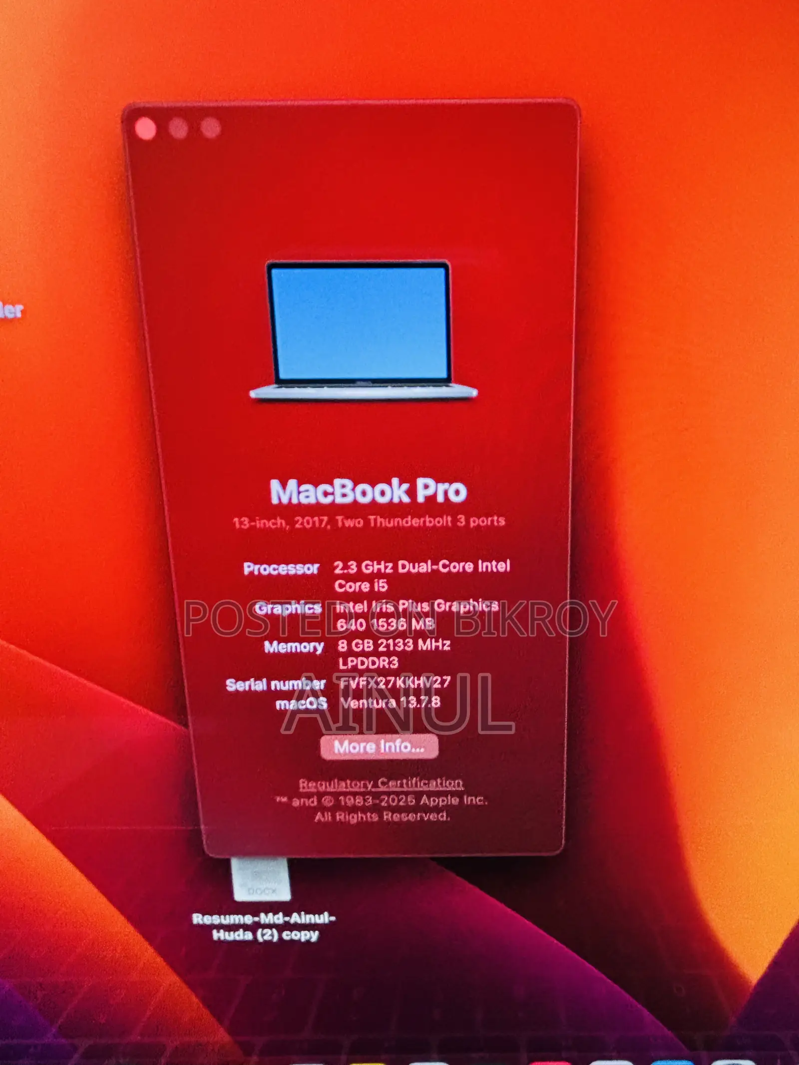 Laptop Apple MacBook Pro 2017 8GB Intel Core I5 SSD 256GB