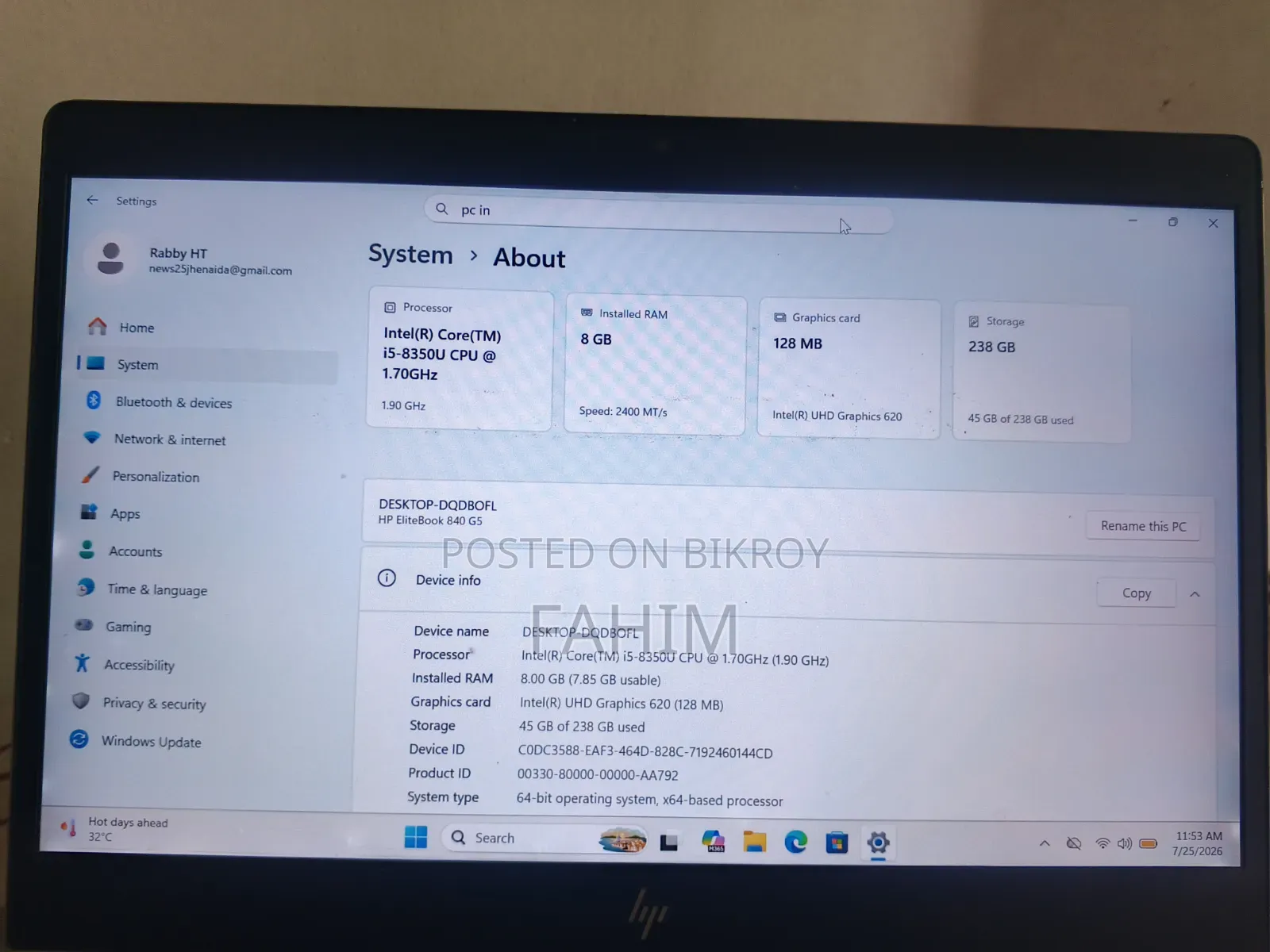 Laptop HP EliteBook 840 G5 8GB Intel Core i5 SSD 256GB