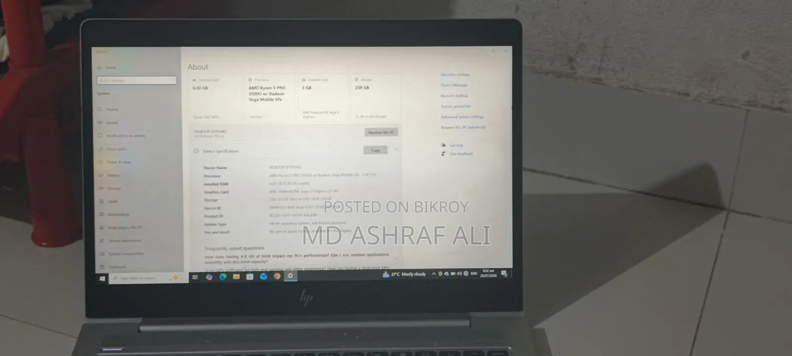 ল্যাপটপ এইচপি এলিটবুক ৭৩৫ জি৬ ৮জিবি এএমডি রাইজেন ৫ এসএসডি ২৫৬জিবি