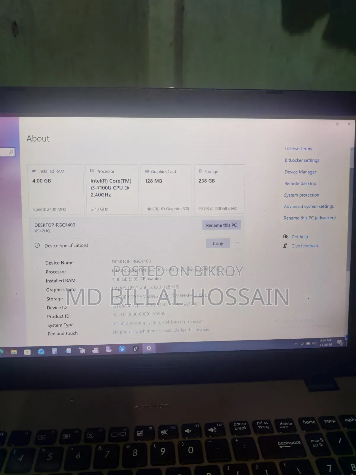 ল্যাপটপ আসুস ৪জিবি ইন্টেল কোর আই৩ এসএসডি ১২৮জিবি