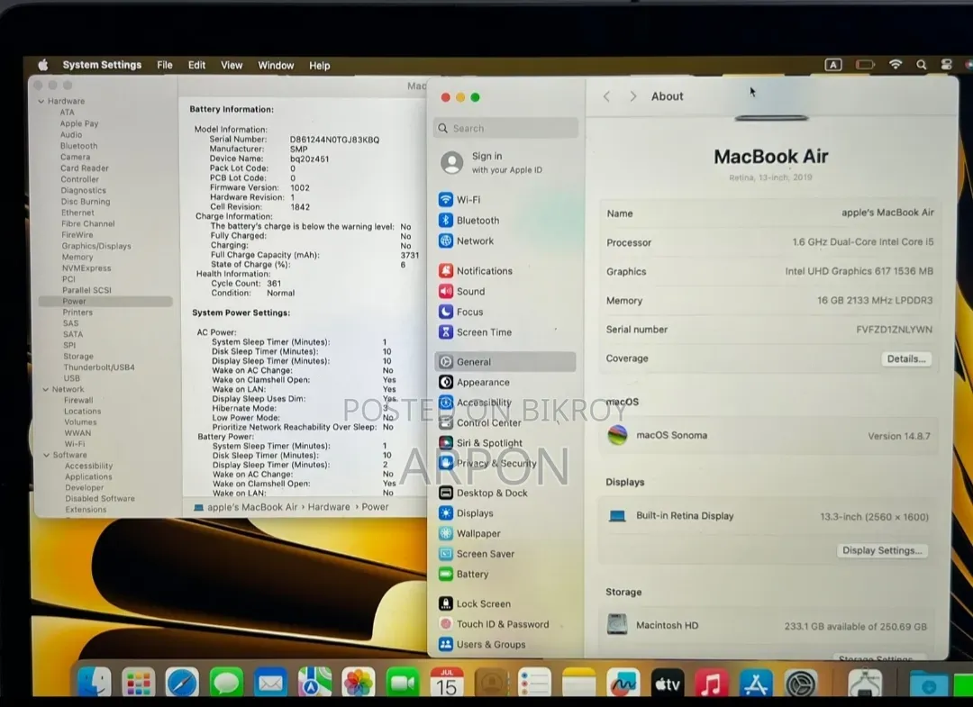 Laptop Apple MacBook Air 2019 16 GB Intel Core i5 Solid State Drive 256 GB