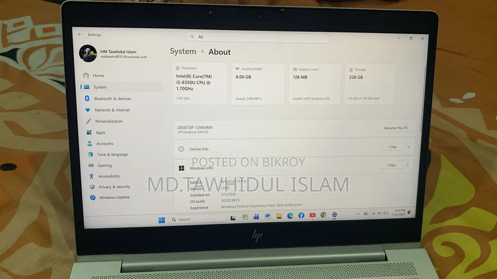 Laptop HP EliteBook 840 G6 8GB Intel Core i5 SSD 256GB