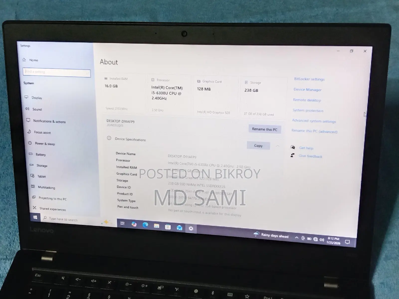 Laptop Lenovo ThinkPad T470 16GB Intel Core I5 SSD 256GB