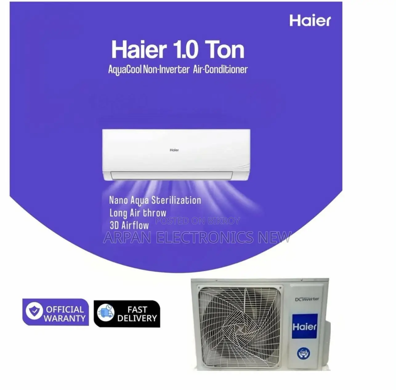 1.0 Ton Non Inverter AC Haier or EMI and 5 Years Warranty