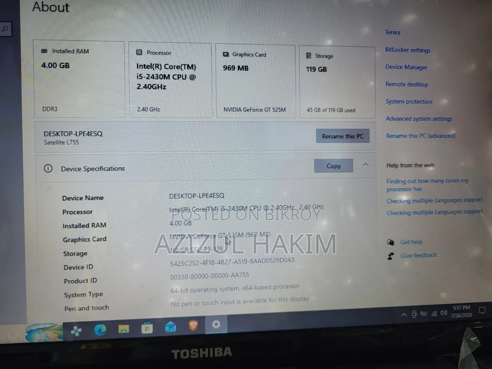 ল্যাপটপ তোশিবা স্যাটেলাইট L755 4GB ইন্টেল কোর আই৫ এসএসডি 128GB