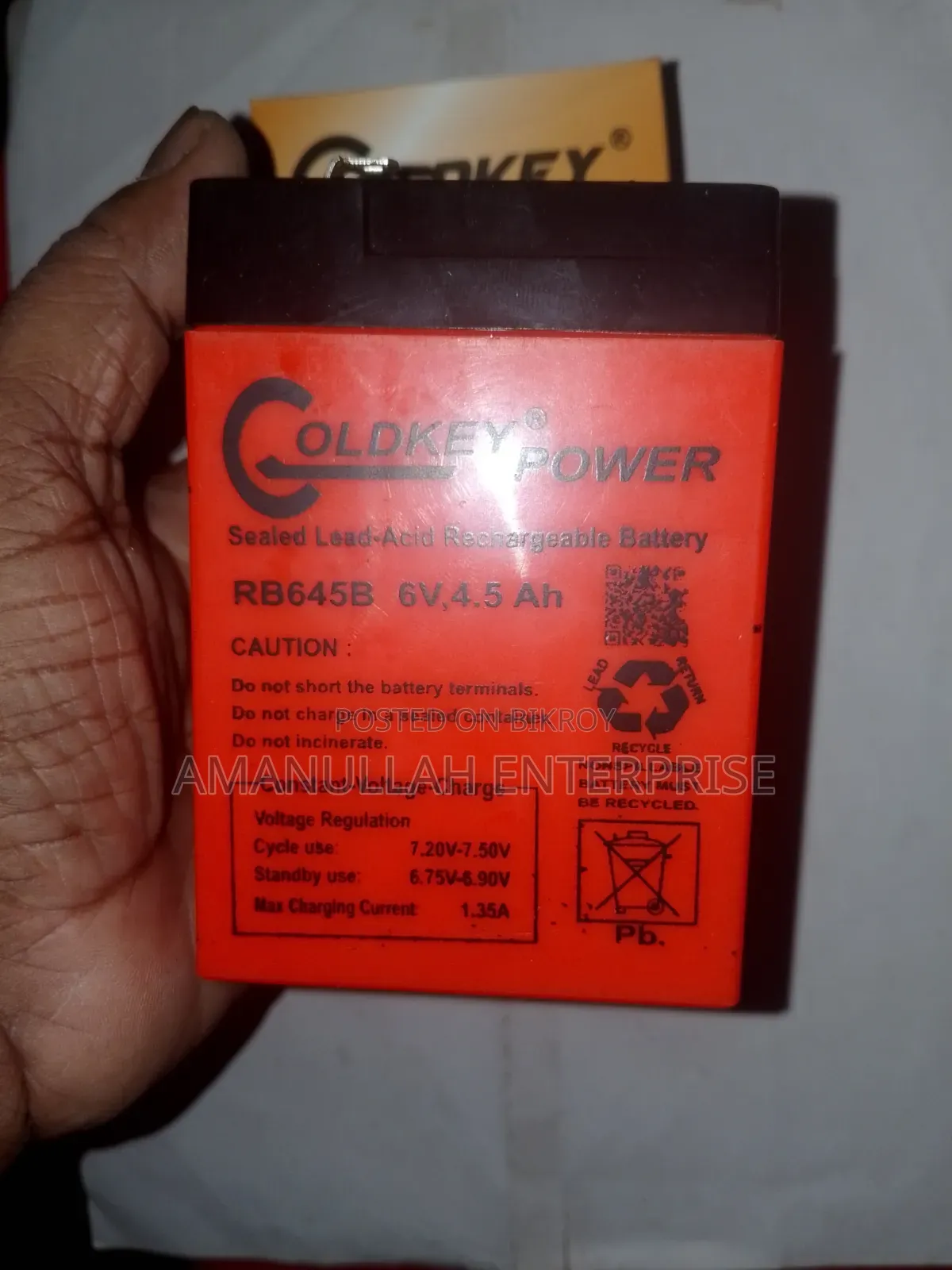 GOLDKEY POWER 6V 4.5Ah Rechargeable Sealed Lead-Acid Battery.