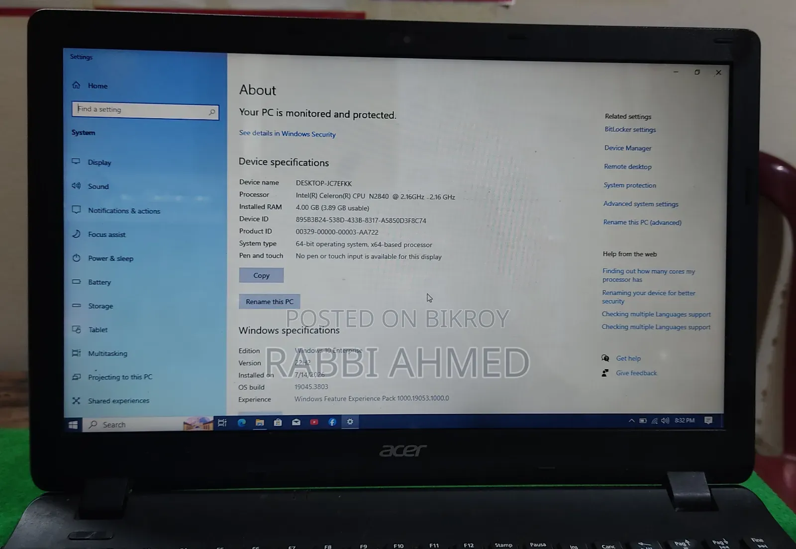 Laptop Acer 4GB Intel Celeron HDD 32GB