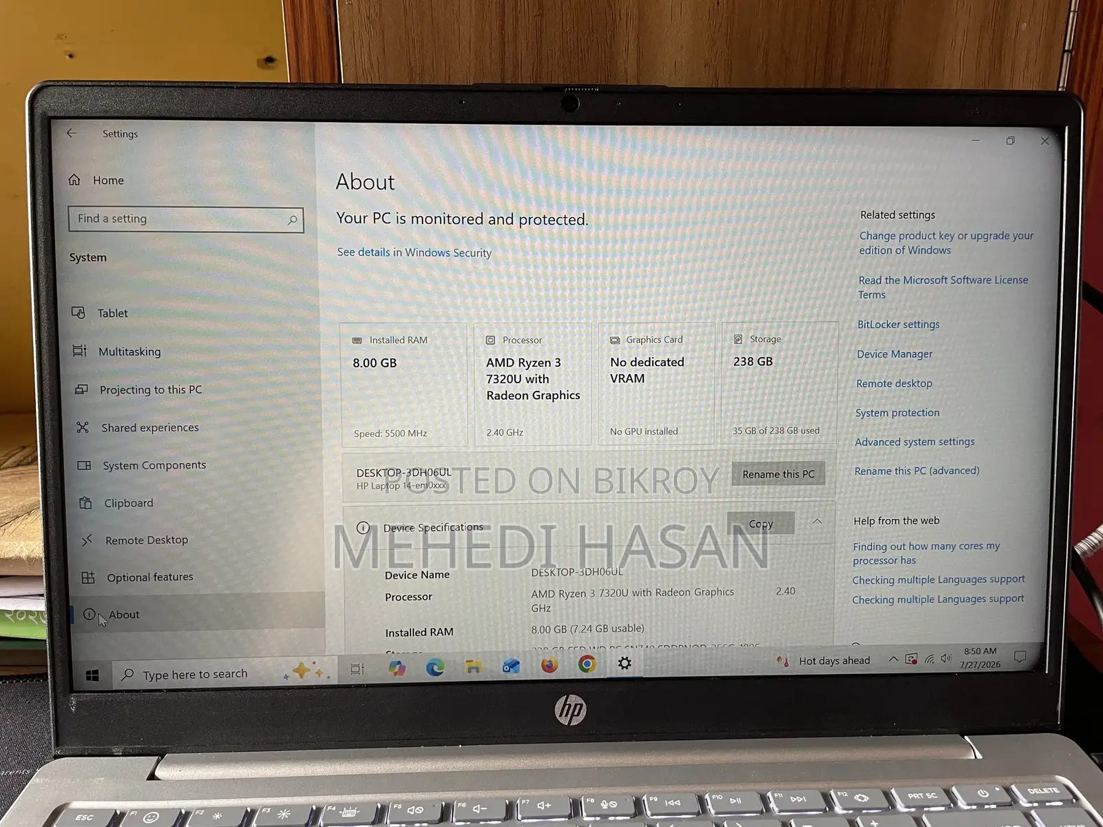 Laptop HP 15s 8GB AMD Ryzen 3 SSD 256GB