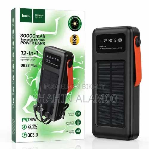 HOCO DB33 Plus 30000mAh Fast Charging Solar Power Bank With LED