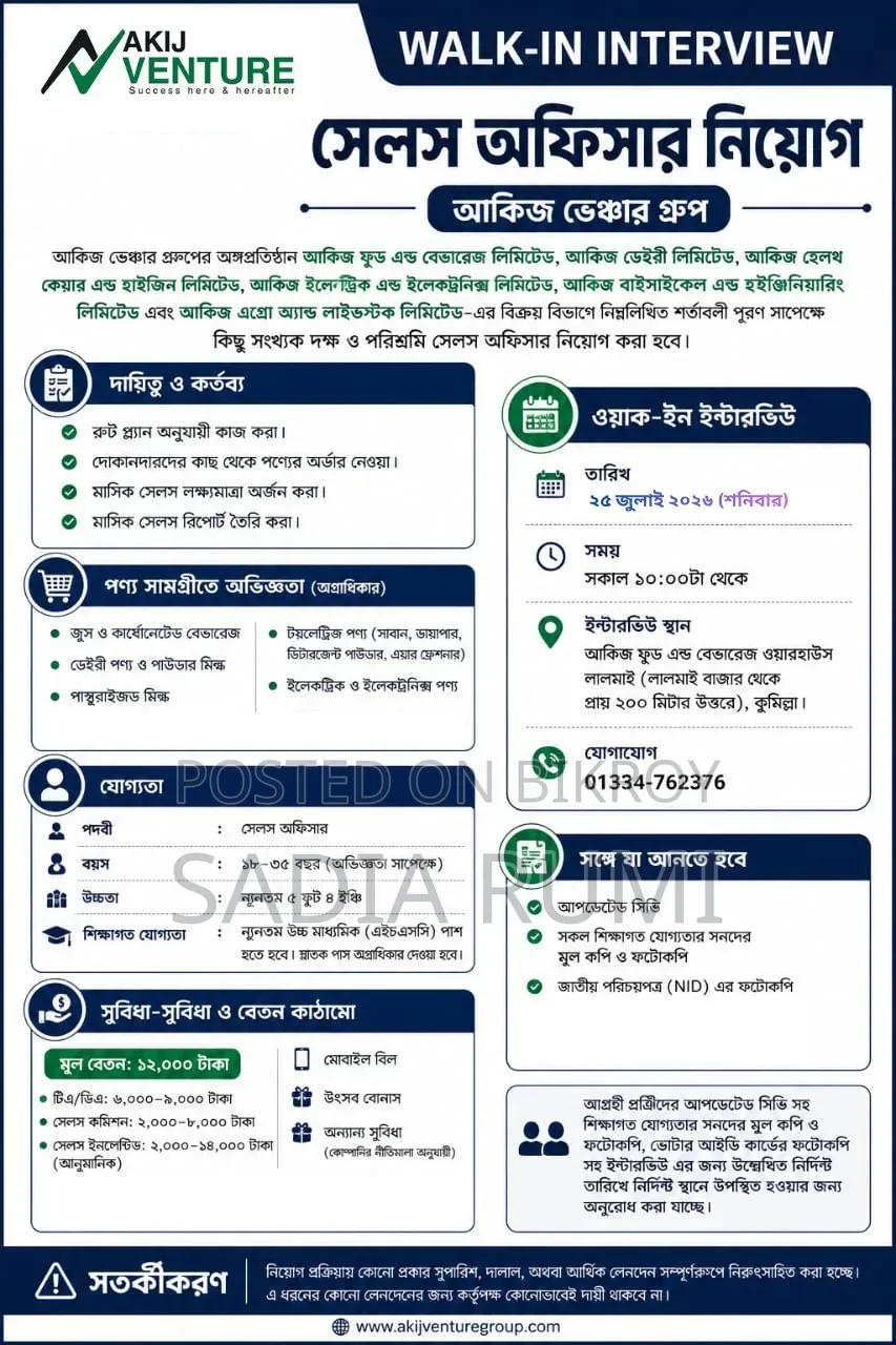 আকিজ ফুড এন্ড বেভারেজে 'সেলস অফিসার' পদে নিয়োগ