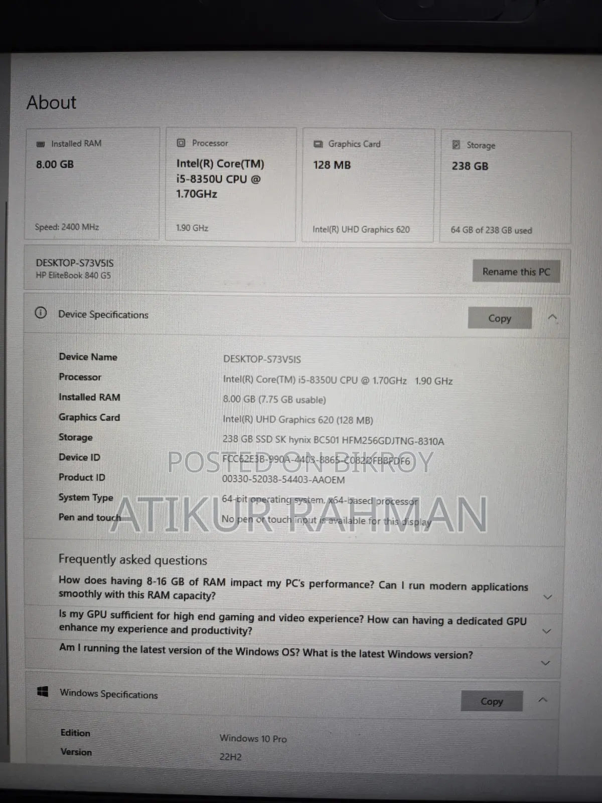 Laptop HP EliteBook 840 G5 8GB Intel Core I5 SSD 256GB