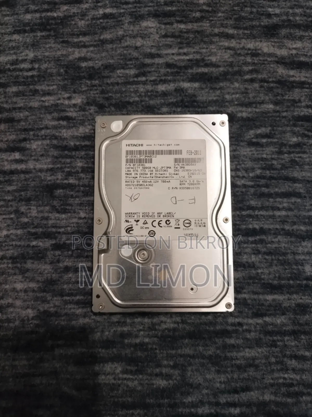 Will sell a Hitachi 500GB desktop hard disk.
