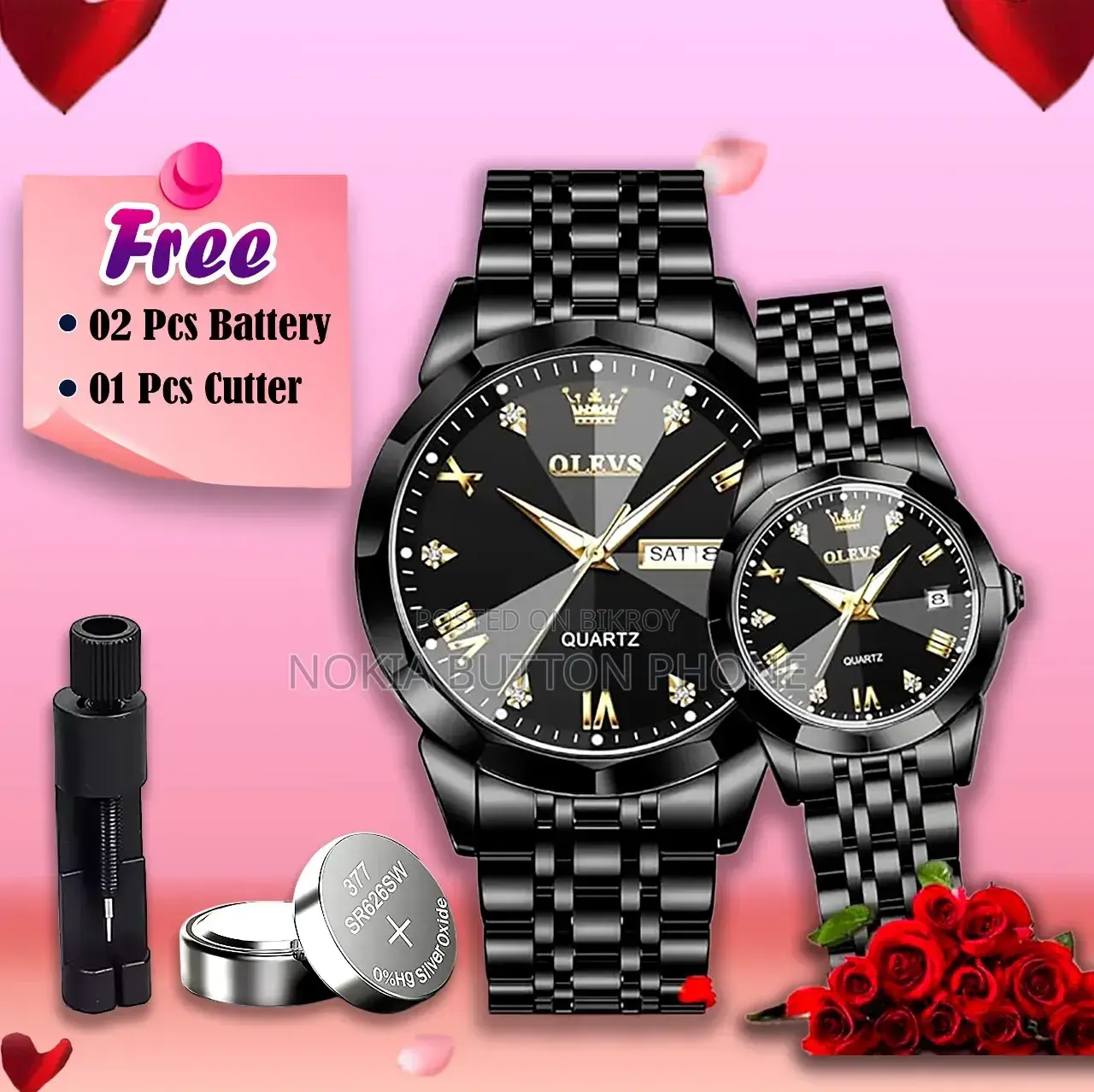 Olevs Stainless Steel Fashionable Couple Watches Full Black