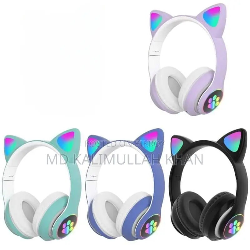 LED Flash Cute Cat Ears Wireless Headphone With Microphone