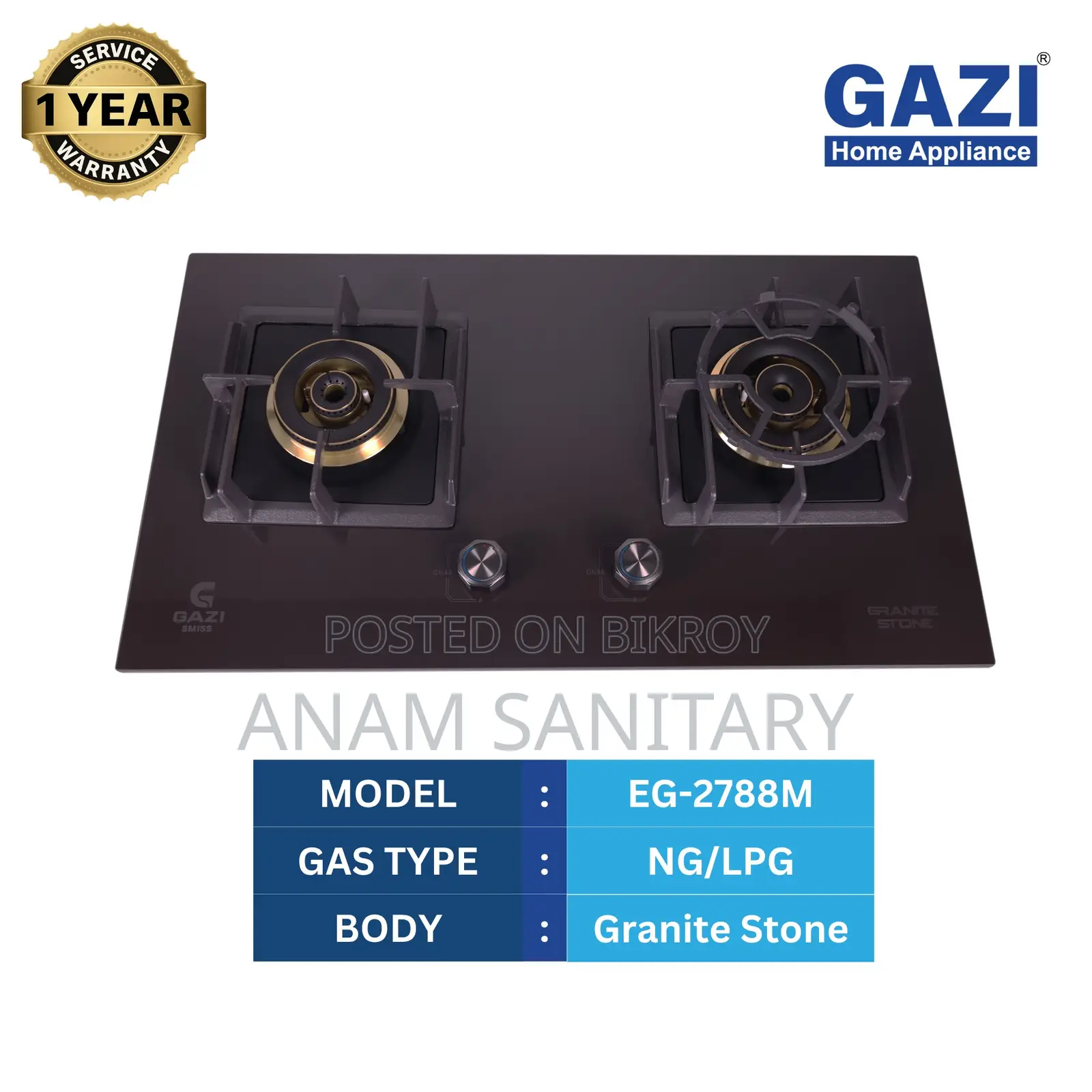 Gazi Smiss Double Burner Granite Stone Top Gas Stove NG/LPG (EG-2788M)