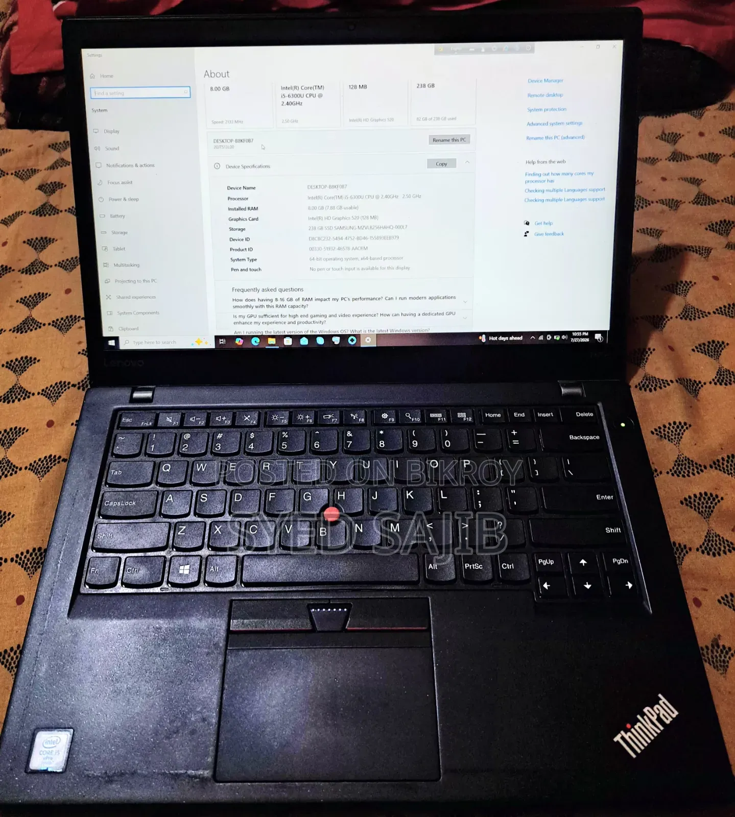 Laptop Lenovo ThinkPad T470s 8GB Intel Core I5 SSD 256GB