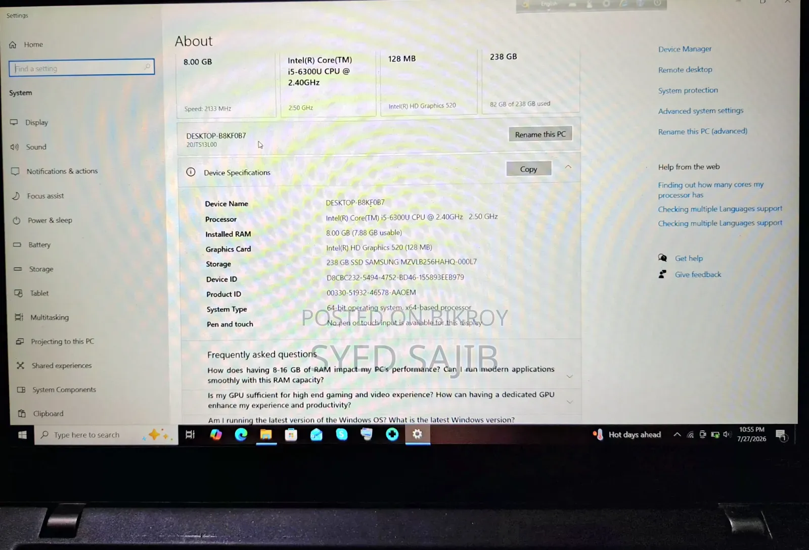 Laptop Lenovo ThinkPad T470s 8GB Intel Core I5 SSD 256GB