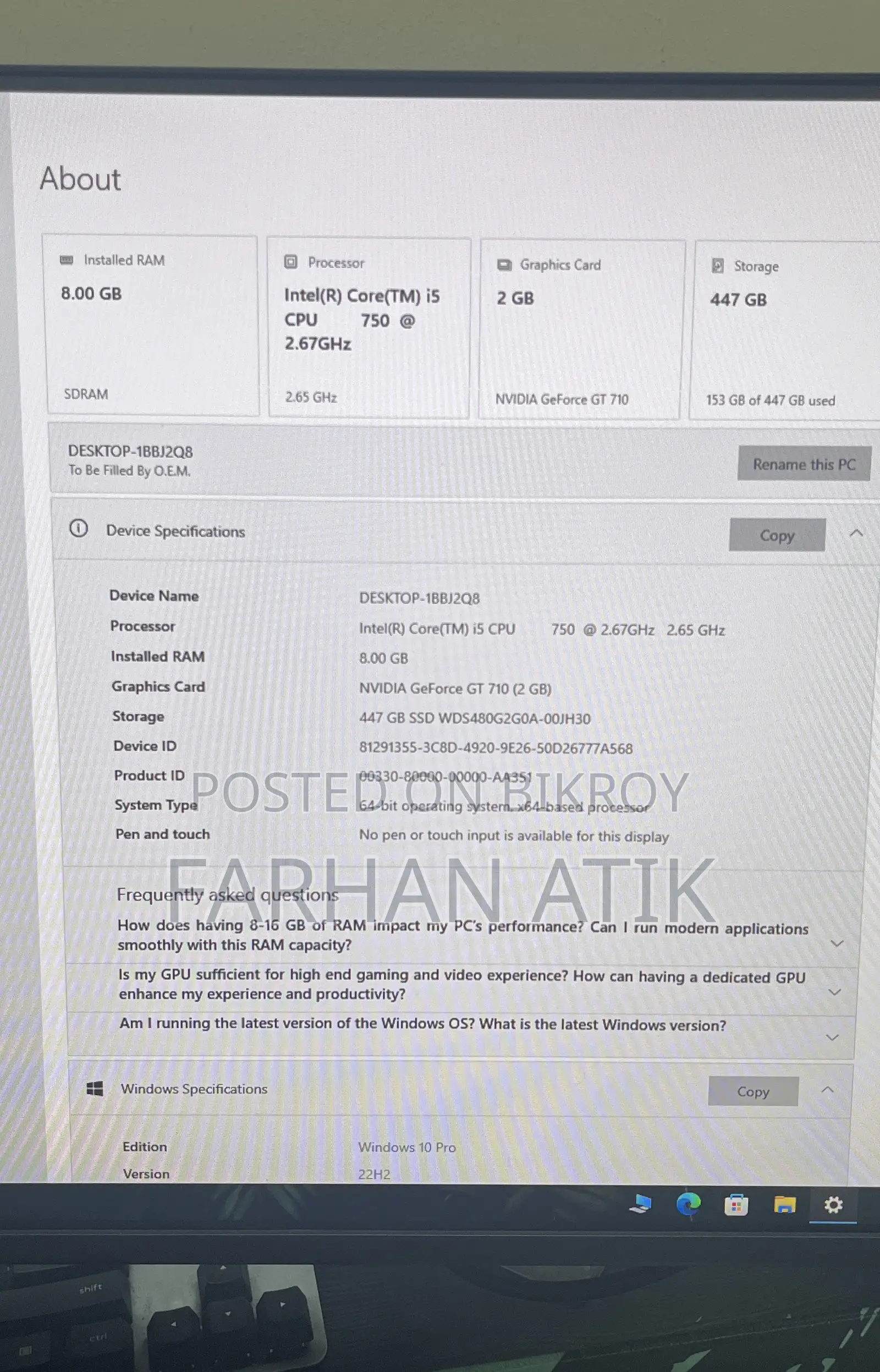 Desktop Computer 8GB Intel Core I5 SSD 500GB