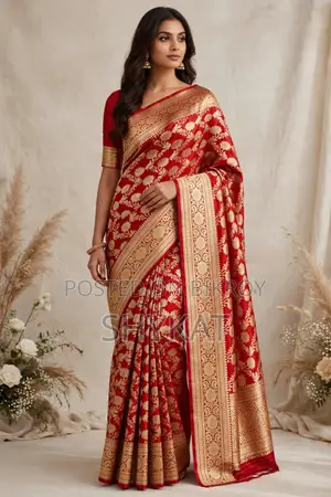 Bridal Red Banarasi Katan Saree - Heavy Golden Zari Work