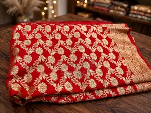 Bridal Red Banarasi Katan Saree - Heavy Golden Zari Work