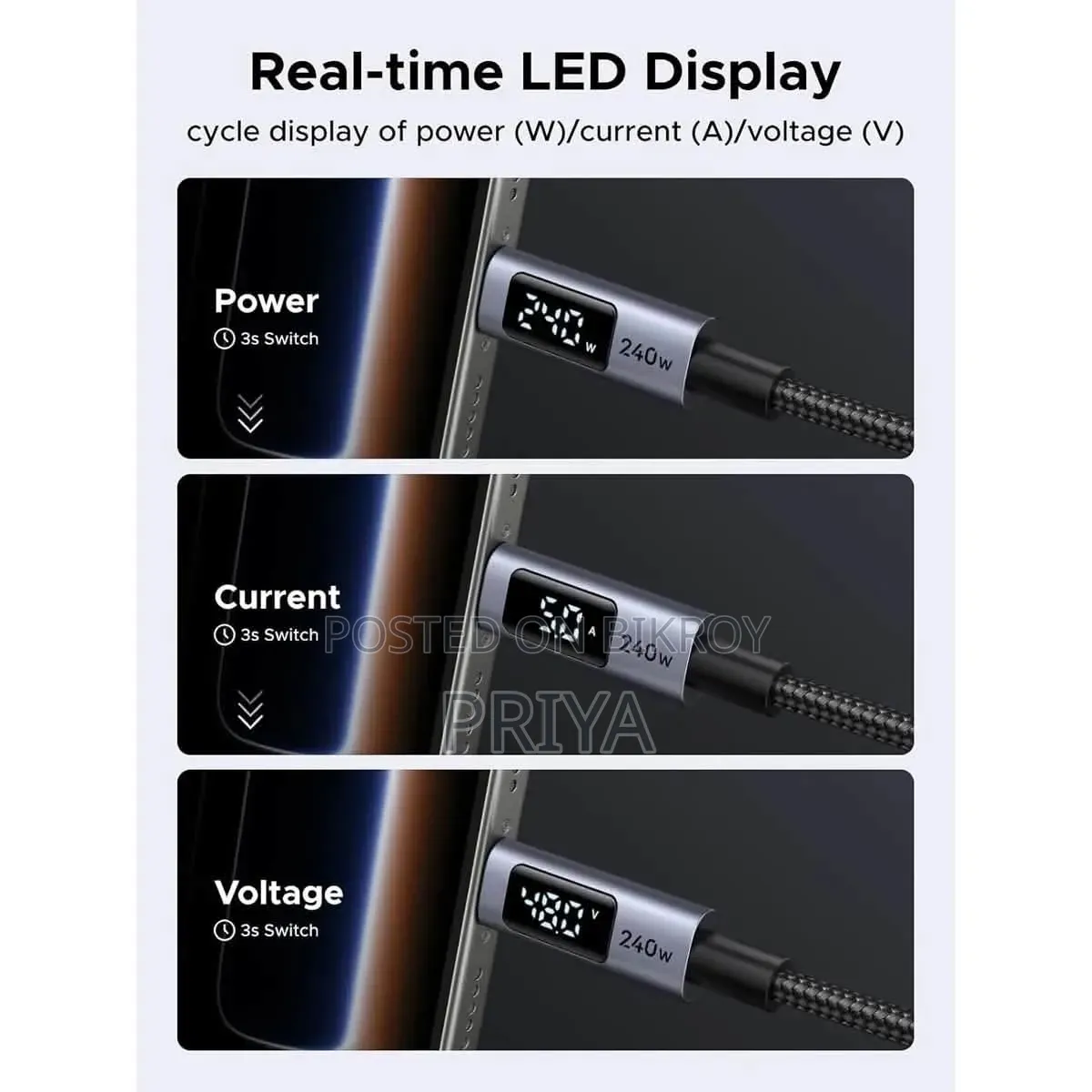 Ugreen 240W Type C to C 3way Display 0.5M Cable