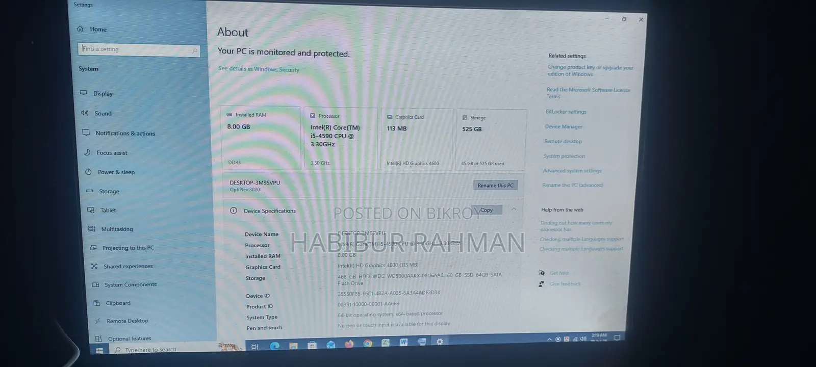 Desktop Computer Dell OptiPlex 3020 8GB Intel Core I5 HDD+SSD 512GB