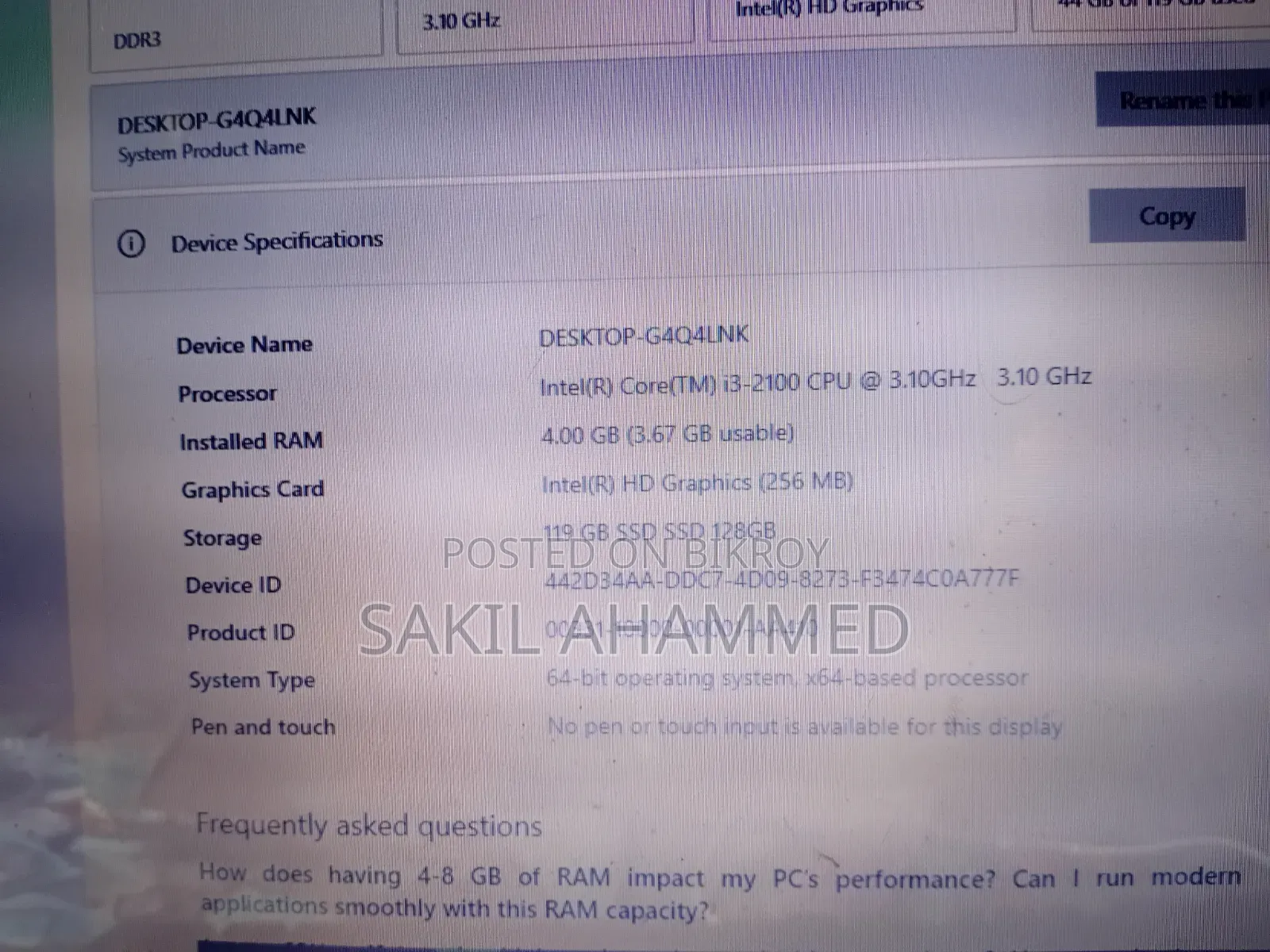 Desktop Computer 4GB Intel Core I3 SSD 128GB