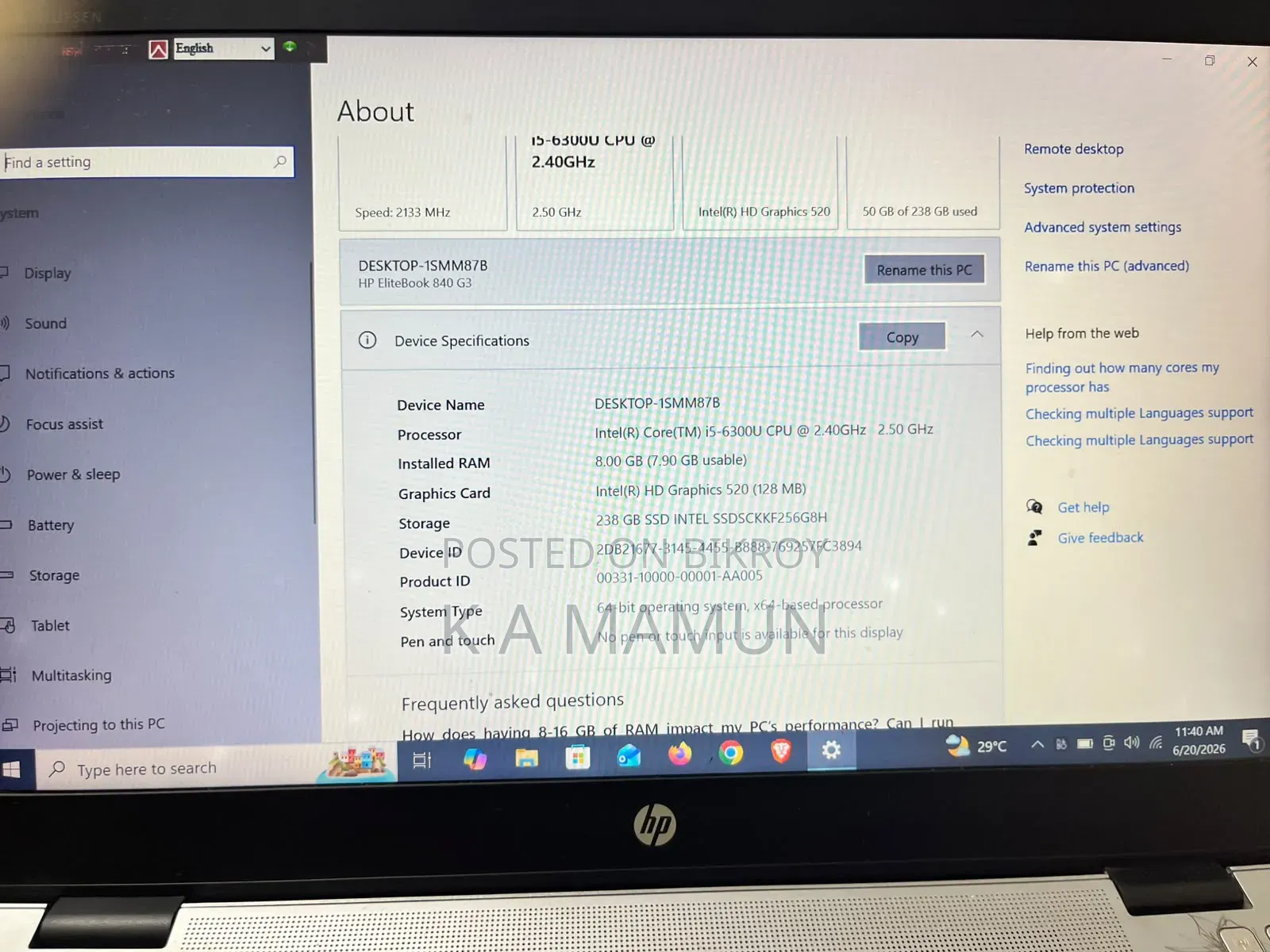 Laptop HP EliteBook 840 G3 8GB Intel Core I5 SSD 256GB