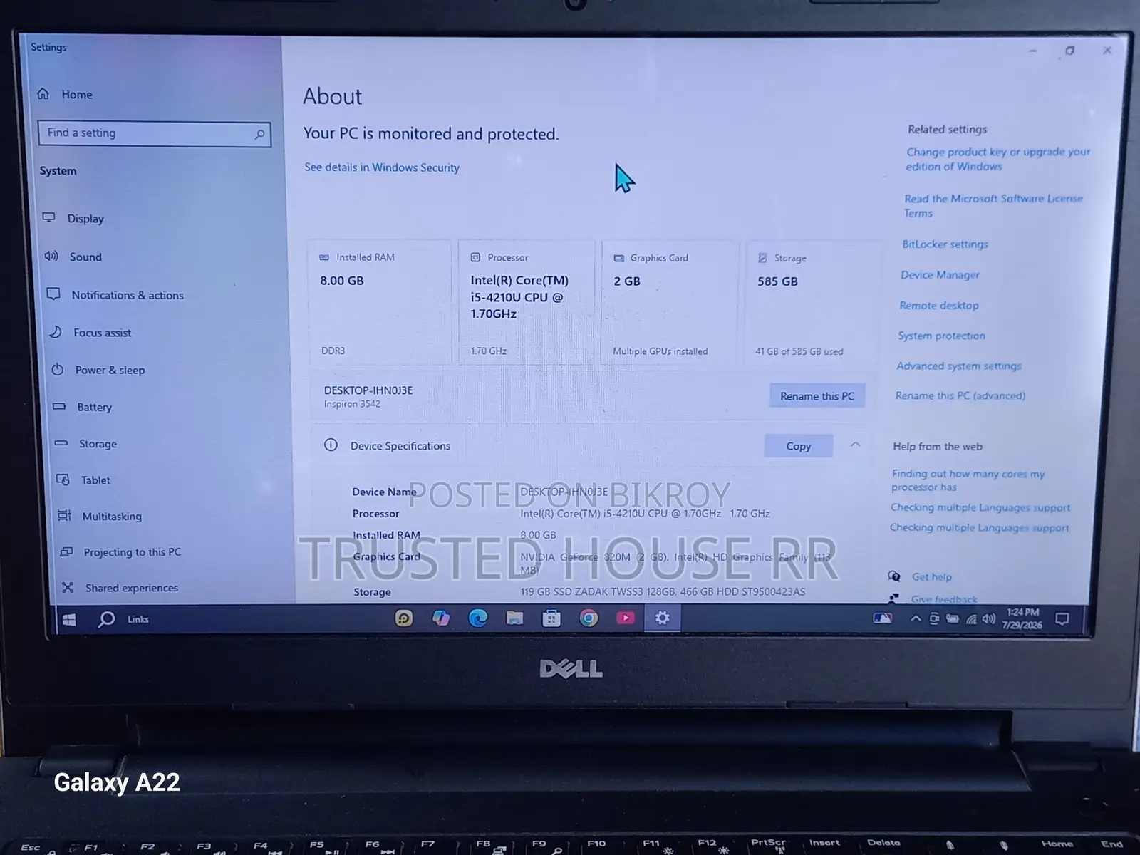 Laptop Dell Inspiron 3542 8GB Intel Core I5 SSD 128GB