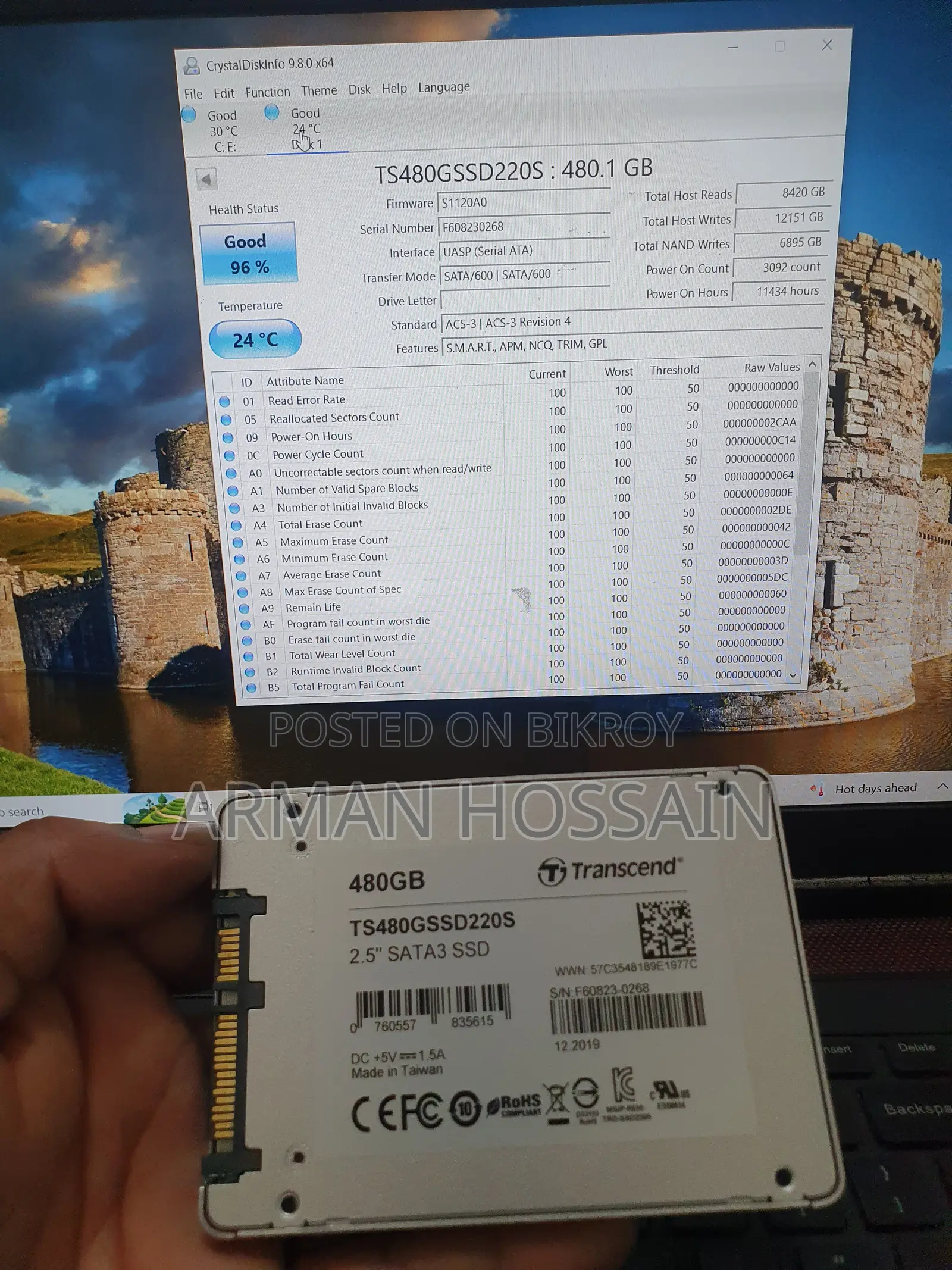 Transcend 480gb SSD 96% Health