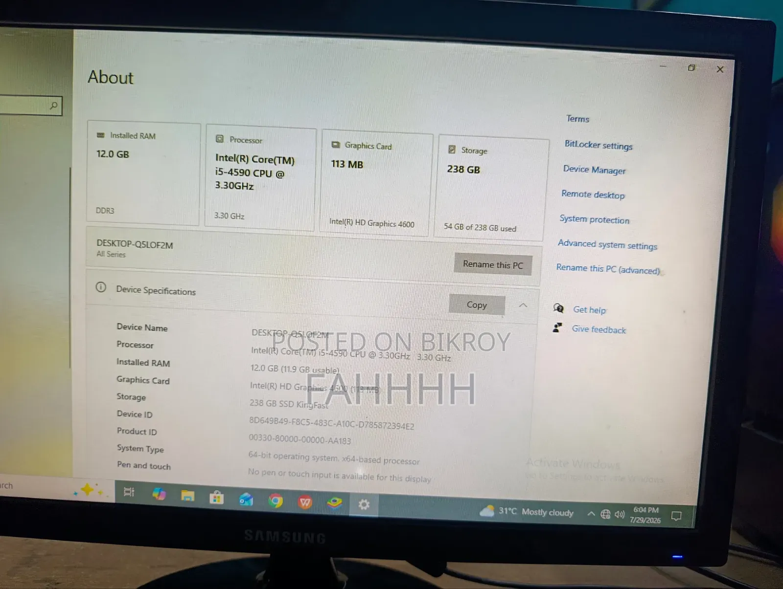 New Desktop Computer 12GB Intel Core I5 256GB SSD