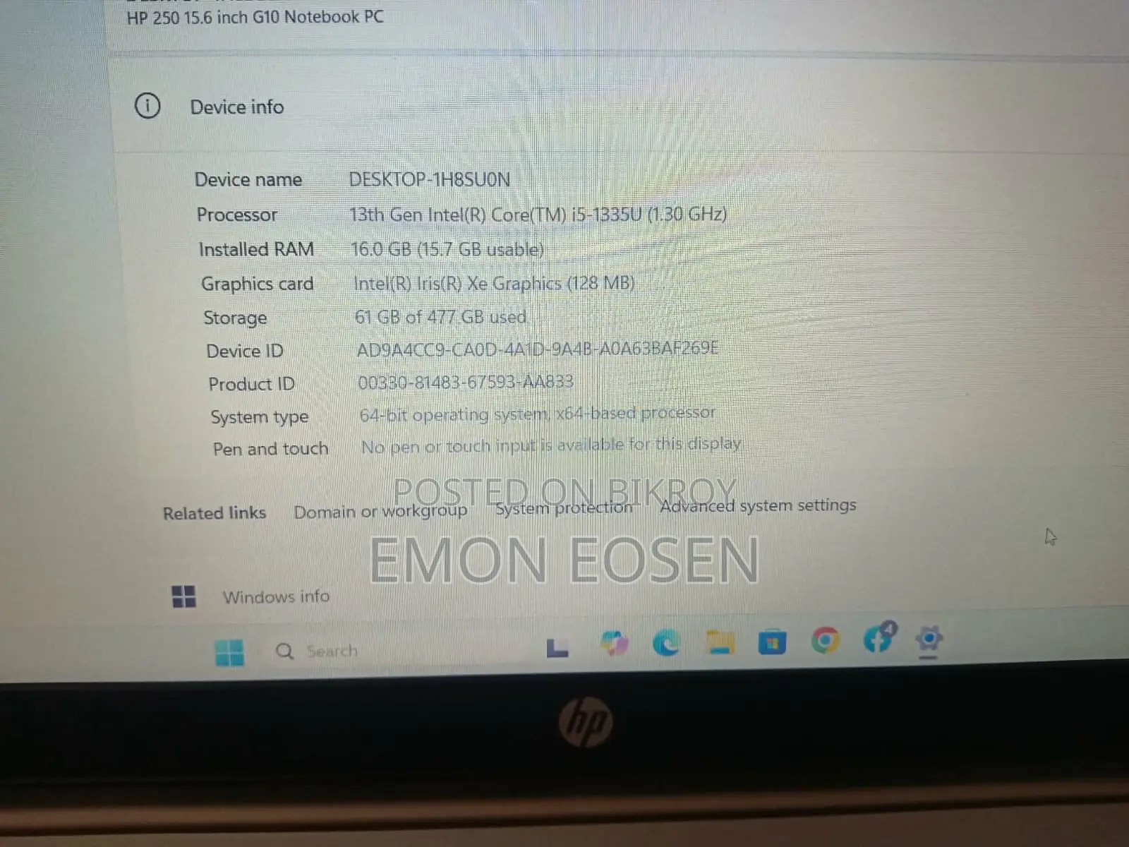 New Laptop HP 250 G10 16GB Intel Core i5 SSD 500GB