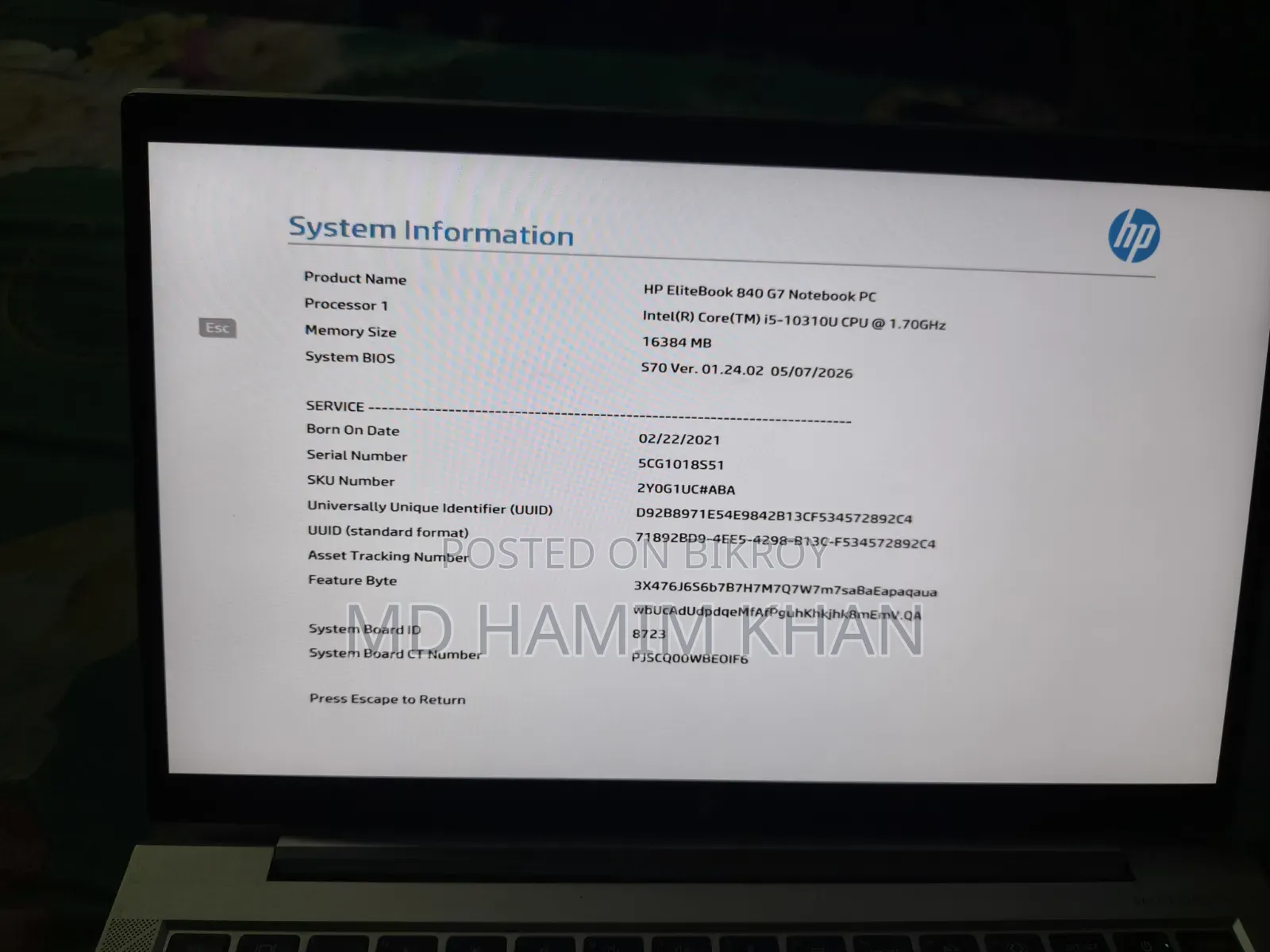 Laptop HP EliteBook 840 G7 16GB Intel Core i5 SSD 256GB