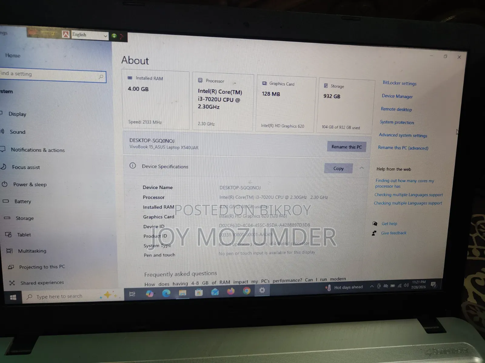 Laptop Asus Vivobook 15 4GB Intel Core i3 HDD+SSD 1T