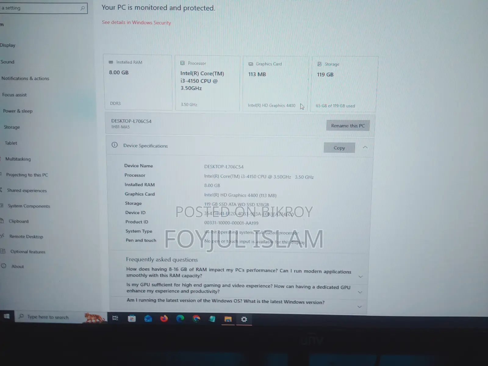 Desktop Computer 8GB RAM Intel Core i3 128GB SSD
