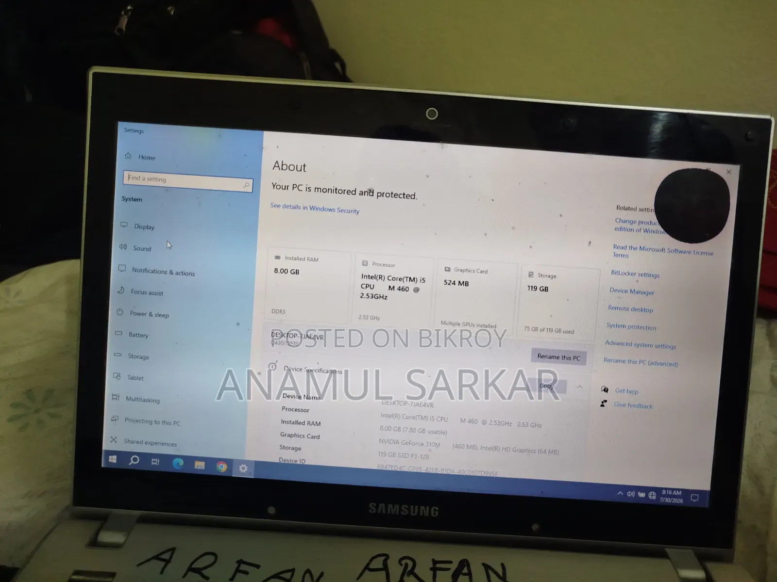 Laptop Samsung NP-Q430 8GB Intel Core i5 SSD 128GB