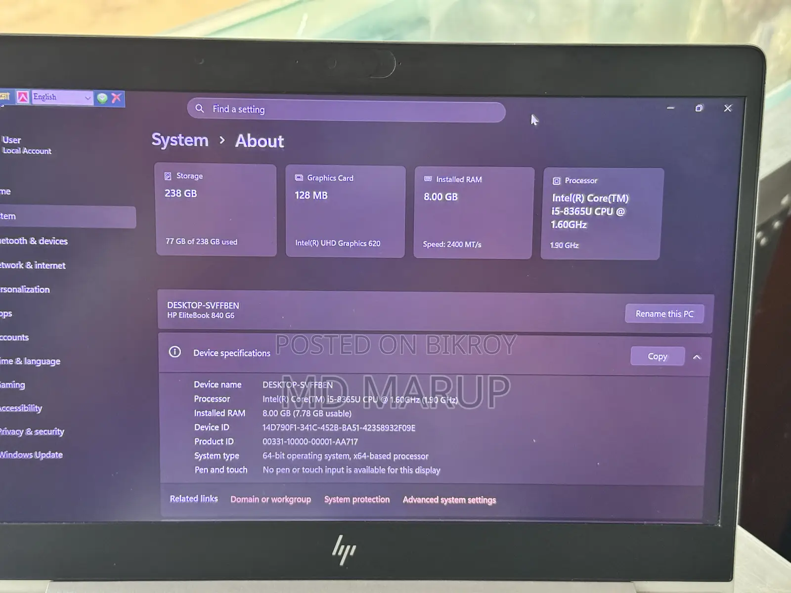 Laptop HP EliteBook 840 G6 8GB Intel Core I5 SSD 256GB
