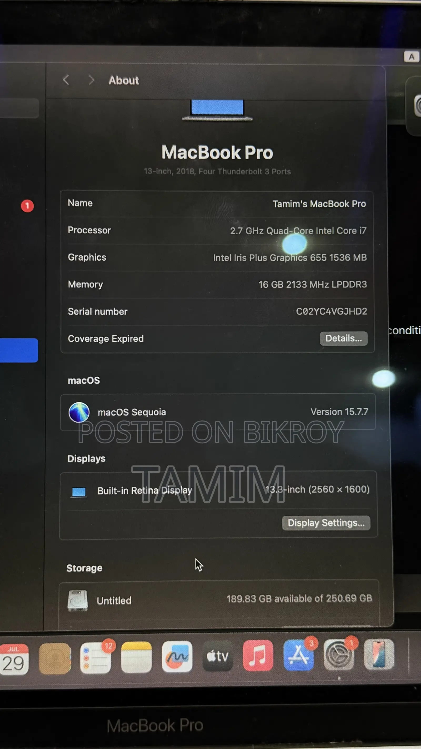 Laptop Apple MacBook 2018 16GB Intel Core i7 SSD 256GB