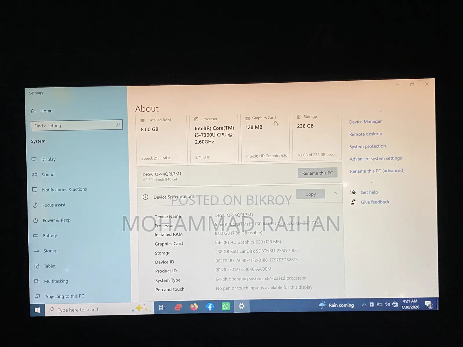 Laptop HP EliteBook 840 G6 8GB Intel Core i5 SSD 256GB