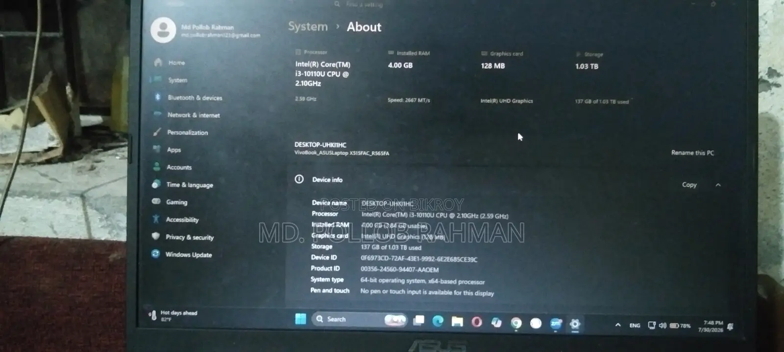 Laptop ASUS Vivobook 15 4GB Intel Core I3 SSD 1T